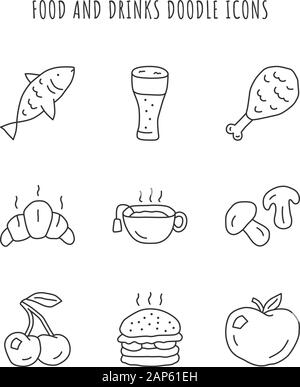 Food and drinks linear icons set. Burger, chicken leg and beer. Eating and beverages thin line contour symbols. Croissant, hot tea and mushrooms isola Stock Vector