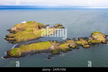 Aerial view of the Island of Fidra in the Firth of Forth off coast of East Lothian, Scotland, UK