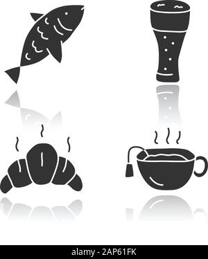 Drinks with snacks glossy icons set. Harmful and healthy beverages with appetizers silhouette symbols. Fish, beer glass, croissant and hot tea vector Stock Vector