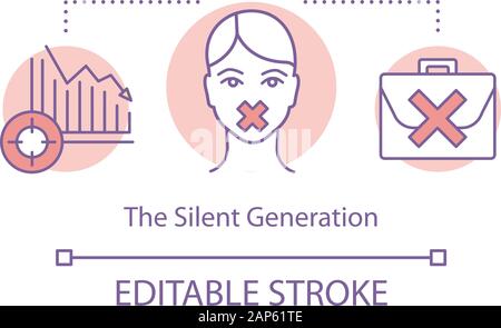 The Silent Generation concept icon. Speechless girl, falling chart, briefcase. Gender inequality. Harassment at workplace idea thin line illustration. Stock Vector