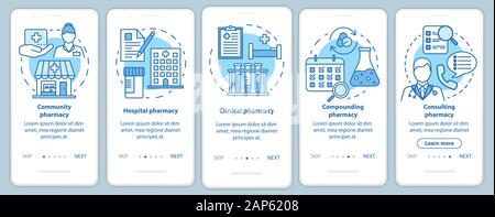 Pharmacy types onboarding mobile app page screen with linear concepts. Hospital, clinic pharmacology. Five walkthrough steps graphic instructions. UX, Stock Vector