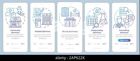 Pharmacy types onboarding mobile app page screen vector template. Hospital, clinic pharmacology. Walkthrough website steps with linear illustrations. Stock Vector