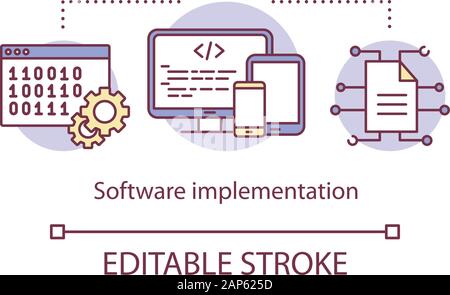 Software implementation concept icon. Computer programming and deployment. Creating apps for smartphones and tablets idea thin line illustration. Vect Stock Vector