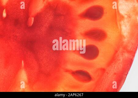 Creative, surprising macro image of tomato pulp. Abstract, fresh, fruity background with enhanced texture, fibers and seeds. Stock Photo