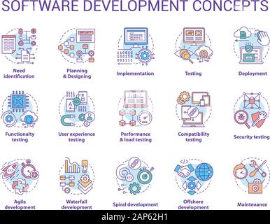 Software development concept icons set. Designing, programming, testing, fixing and maintaining programs. App creation idea thin line illustrations. V Stock Vector