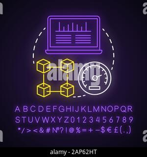 Performance and load testing neon light concept icon. Research system speed, stability. Website speed optimization idea. Glowing sign with alphabet, n Stock Vector