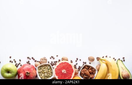 Wide collage of fresh helathy fruits and vegetables for layout isolated on white background. Copy space Stock Photo