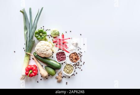 Top view of fresh group of vegetables on white background. Copy space Stock Photo