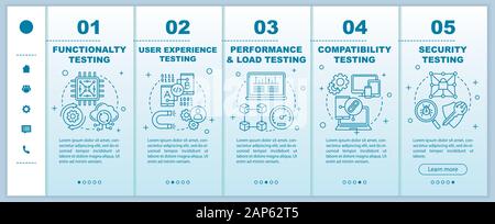 Software testing onboarding mobile web pages vector template. Responsive smartphone website interface idea with linear illustrations. Webpage walkthro Stock Vector