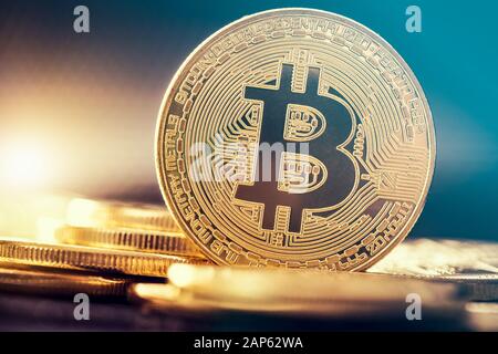 Bitcoin gold coin. Cryptocurrency concept. Virtual currency background. Stock Photo