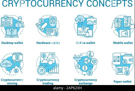 Cryptocurrency concept blue icons set. Digital asset idea thin line illustrations. Online, desktop wallet. Financial transaction. Bitcoin exchange. Ve Stock Vector