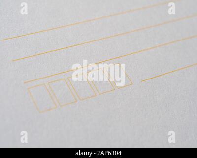 Blank Postcode blank form with fields for address and postcode, white paper texture ...