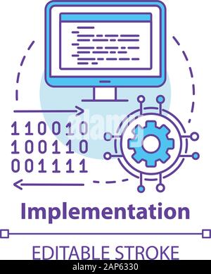 Implementation concept icon. Software coding. Computer programming and deployment idea thin line illustration. Information technology. Vector isolated Stock Vector
