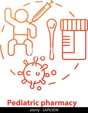 Pediatric pharmacy concept icon. Children medication idea thin line illustration. Vaccination and illness medicine for babies. Kids treatment. Vector Stock Vector