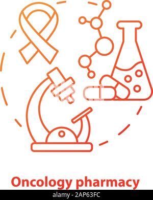 Pharmacy concept icon. Oncology medication research idea thin line illustration. Discovering drugs for cancer. Pharmacology and biochemistry. Vector i Stock Vector