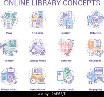 Online library concept icons set. Book catalogue idea thin line illustrations. Fantasy, biographies, medical, history, plays, romance & mystery types. Stock Vector