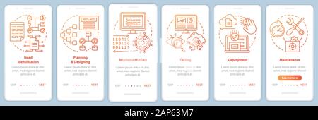 Software development stages onboarding mobile app page screen vector template. Computer program creation. Walkthrough website steps with linear illust Stock Vector