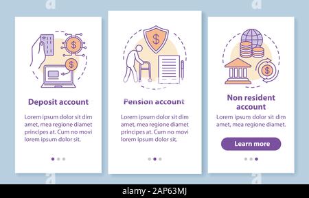 Account types onboarding mobile app page screen with linear concepts. Pension, non resident accounts. Three walkthrough steps graphic instructions. UX Stock Vector