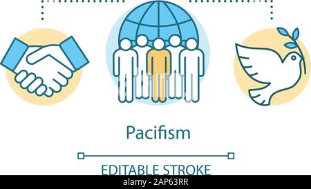 Pacifism concept icon. Nonviolent resistance, militarism opposition idea thin line illustration. White dove with olive branch, handshake and protester Stock Vector