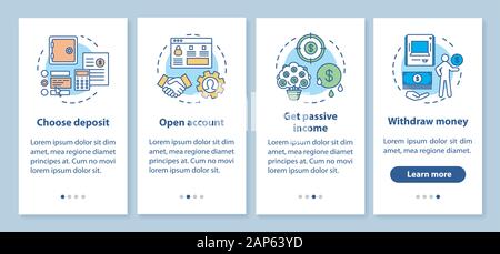 Bank deposit operations onboarding mobile app page screen with linear concepts. Banking service. Four walkthrough steps graphic instructions. UX, UI, Stock Vector