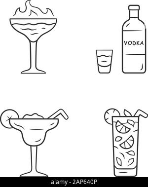 Drinks linear icons set. Flaming shot, margarita, mojito, vodka. Glasses with beverages, bottle. Mixes and soft drink. Thin line contour symbols. Isol Stock Vector