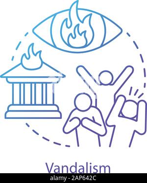 Vandalism concept icon. Civil unrest, property damage, mob violence idea thin line illustration. Aggressive crowd, burning house and flaming eye vecto Stock Vector