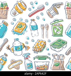 Eco products vector seamless pattern. Natural food background. White texture, hand drawn color icons. Ecological hygiene items. Fruits, vegetables. Or Stock Vector