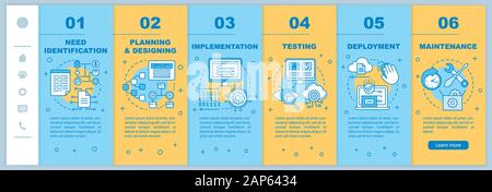Software development stages onboarding mobile web pages vector template. Responsive smartphone website interface idea with linear illustrations. Webpa Stock Vector