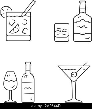 Drinks linear icons set. Cocktail in lowball glass, whiskey, wine, martini. Alcoholic beverages. Drinks and mixes. Thin line contour symbols. Isolated Stock Vector