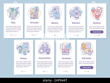 Books catalogue onboarding mobile app page screen with linear concepts. Different book genres walkthrough steps graphic instructions set. UX, UI, GUI Stock Vector