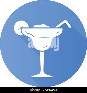Margarita blue flat design long shadow glyph icon. Footed glass with icy drink, lemon slice, straw. Cocktail with tequila, liqueur, lime juice. Summer Stock Vector