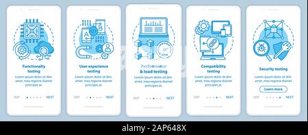 Software testing onboarding mobile app page screen vector template. Computer program development. Walkthrough website steps with linear illustrations. Stock Vector