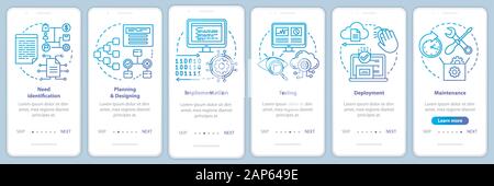 Software development stages onboarding mobile app page screen vector template. Computer program creation. Walkthrough website steps with linear illust Stock Vector