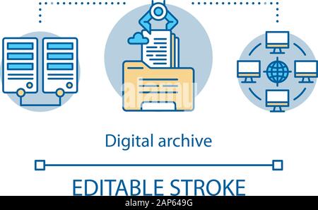 Digital archive concept icon. Internet content hosting idea thin line illustration. Servers network with media libraries. Database and data storage. V Stock Vector