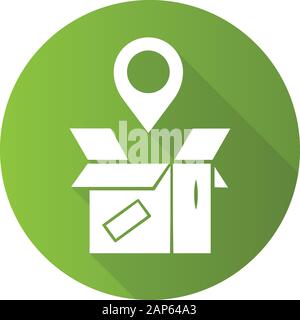Parcel tracking green flat design long shadow glyph icon. Package location monitoring. Order status postal tracking. Delivery service. Cardboard box w Stock Vector