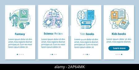 Books catalogue onboarding mobile app page screen with linear concepts. Fantasy, science fiction, kids books walkthrough steps graphic instructions. U