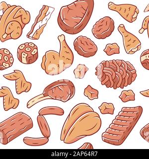 Butchers meat vector seamless pattern. Pork, beef, poultry background. White texture, hand drawn color icons. Meat production and sale. Butchery busin Stock Vector