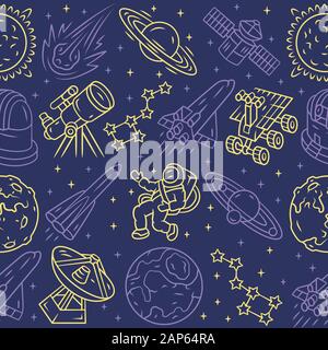 Space vector seamless pattern. Cosmos exploration background. Blue texture, linear color icons. Stars and planets, telescope. Astronaut in universe. S Stock Vector