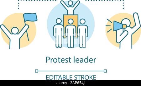 Protest leader concept icon. Public demonstration, social strike idea thin line illustration. Activist holding flag, crowd and protester with megaphon Stock Vector