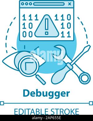 Debugger concept icon. Debugging tool. Testing and setting software. Computer program development. Code error checking idea thin line illustration. Ve Stock Vector
