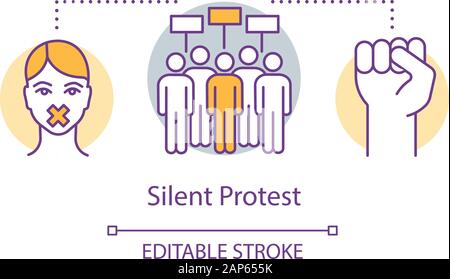 Silent protest concept icon. Civil disobedience, nonviolent resistance idea thin line illustration. Raised fist, protesters, activist with taped mouth Stock Vector