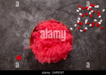 Newborn photography digital background for a valentine's day, red and white hearts and a bowl. Stock Photo