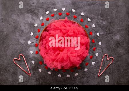 Newborn photography digital background for a valentine's day, red and white hearts and a bowl. Stock Photo