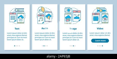 Digital library content onboarding mobile app page screen with linear concepts. Audio, image, video media types 4 walkthrough steps graphic instructio Stock Vector