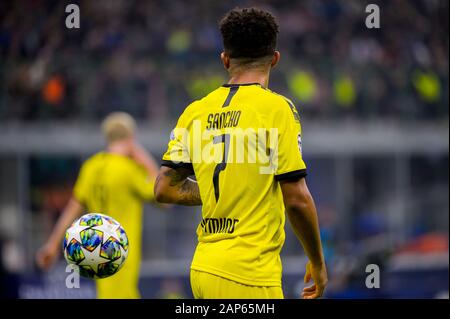 Milan - Oct 23, 2019: Jadon Sancho 7. FC Inter - Borussia Dortmund. Champions League. Stadio San Siro Stock Photo