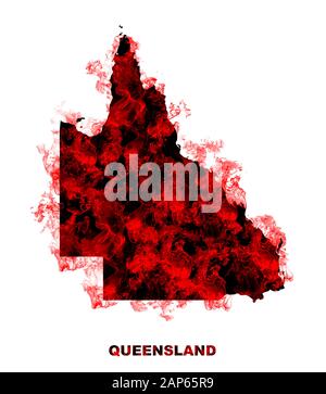 Queensland Map Fire on White Background. Bushfire In Australia Wilderness. Save Australia Concept. Series of Massive Bushfires Across Australia. Stock Photo