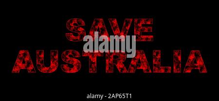 Save Australia Typography Design with Fires on Black Background. Help People and Animals. Series of Massive Bushfires Across Australia. Stock Photo