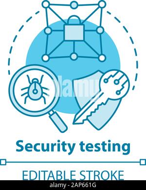 Security testing concept icon. Safety audit. Key reliability and antivirus defence. Intrusion data protection idea thin line illustration. Vector isol Stock Vector
