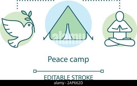 Peace camp concept icon. Anti war movement, nonviolent resistance, pacifism idea thin line illustration. White dove, tent and meditating protester vec Stock Vector