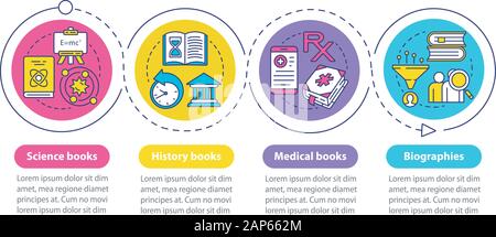 Books catalogue vector infographic template. Business presentation design elements. Data visualization with 4 steps and options. Process timeline char